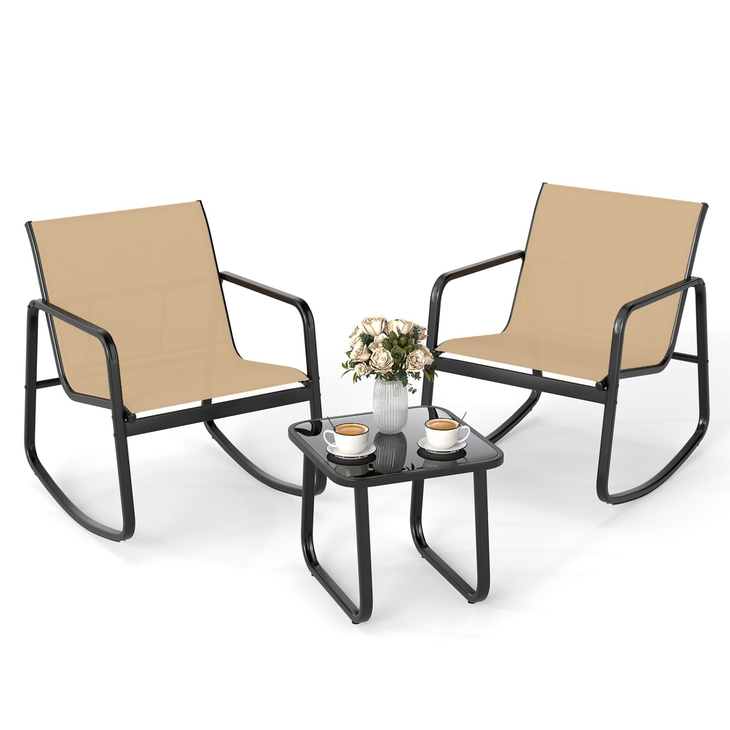 2 Rocking Bistro Chairs and Glass-Top Table for Porch Yard Balcony-Brown - Brown
