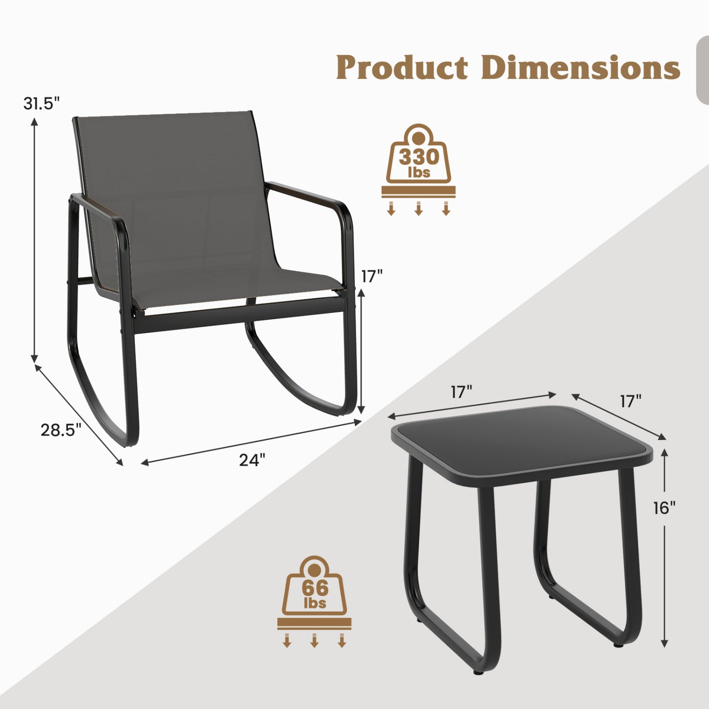3-Piece Rocking Bistro Set with Glass Table for Patio
