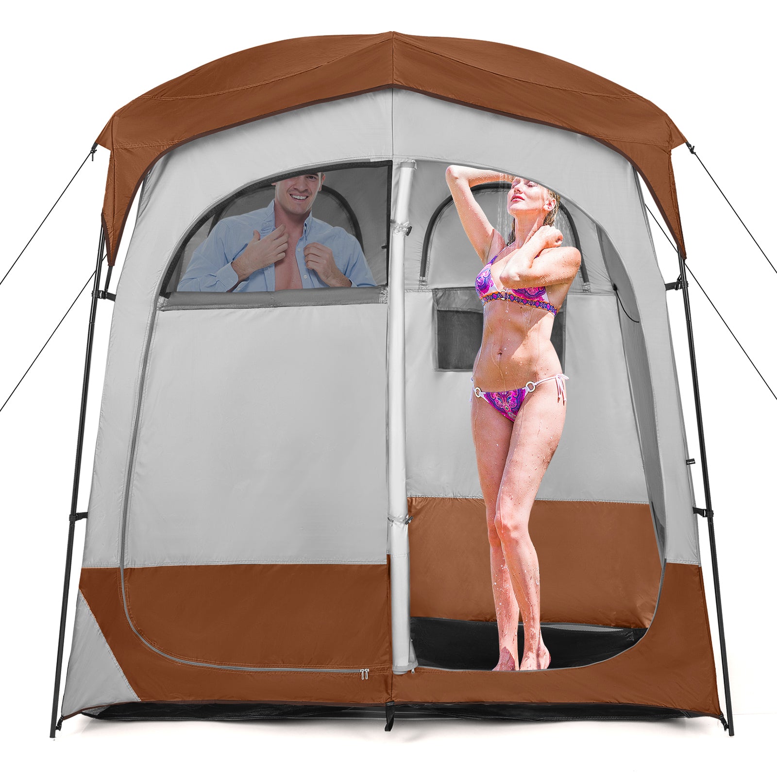 2 Rooms Oversize Privacy Shower Tent with Removable Rain Fly and Inside Pocket-Blue - Brown
