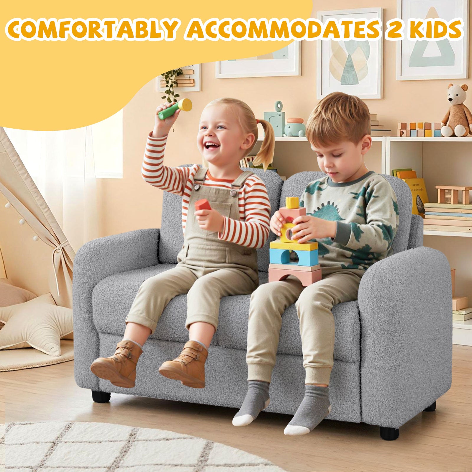 2-Seat Kids Sofa Toddler Sofa Couch with Soft Teddy Fleece Upholstery and Solid Wooden Frame-Gray