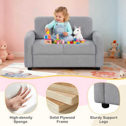 2-Seat Kids Sofa Toddler Sofa Couch with Soft Teddy Fleece Upholstery and Solid Wooden Frame-Gray