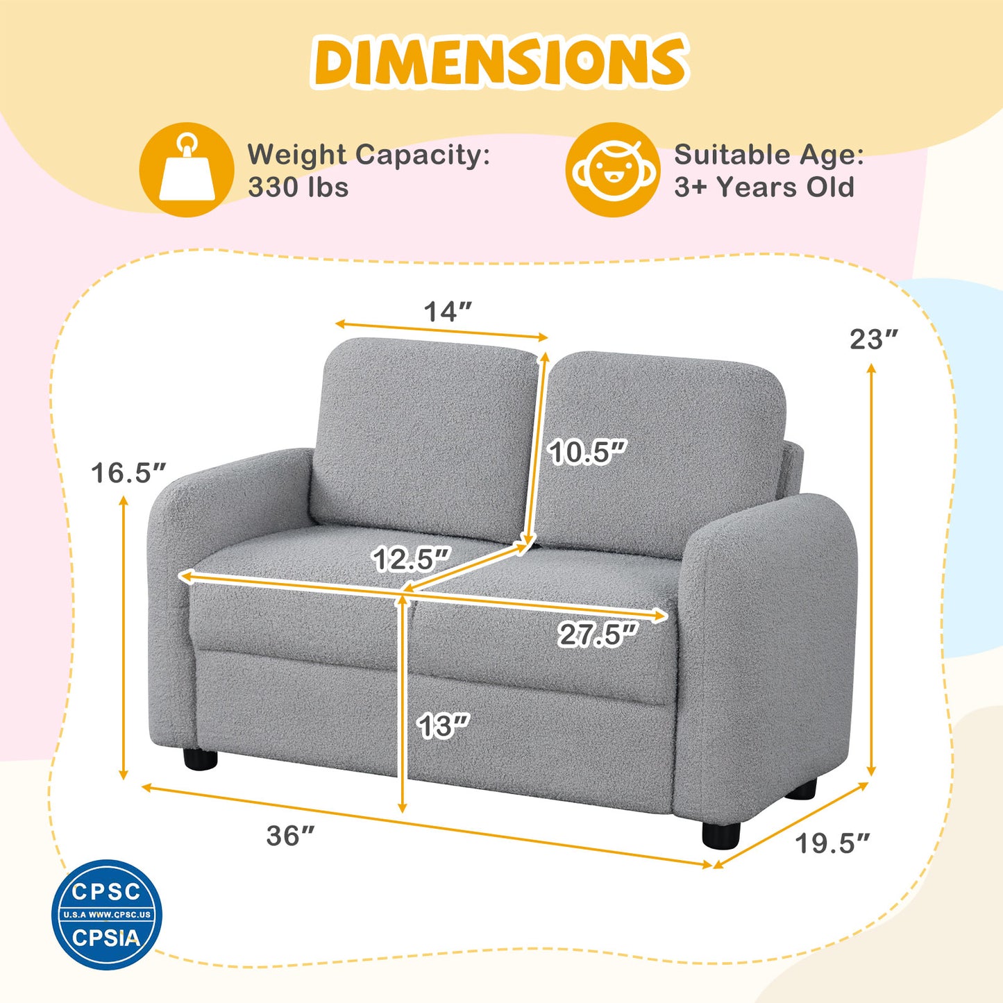 2-Seat Kids Sofa Toddler Sofa Couch with Soft Teddy Fleece Upholstery and Solid Wooden Frame-Gray