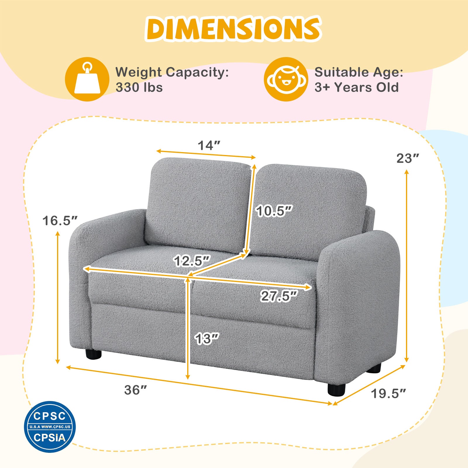 2-Seat Kids Sofa Toddler Sofa Couch with Soft Teddy Fleece Upholstery and Solid Wooden Frame-Gray