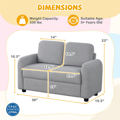 2-Seat Kids Sofa Toddler Sofa Couch with Soft Teddy Fleece Upholstery and Solid Wooden Frame-Gray