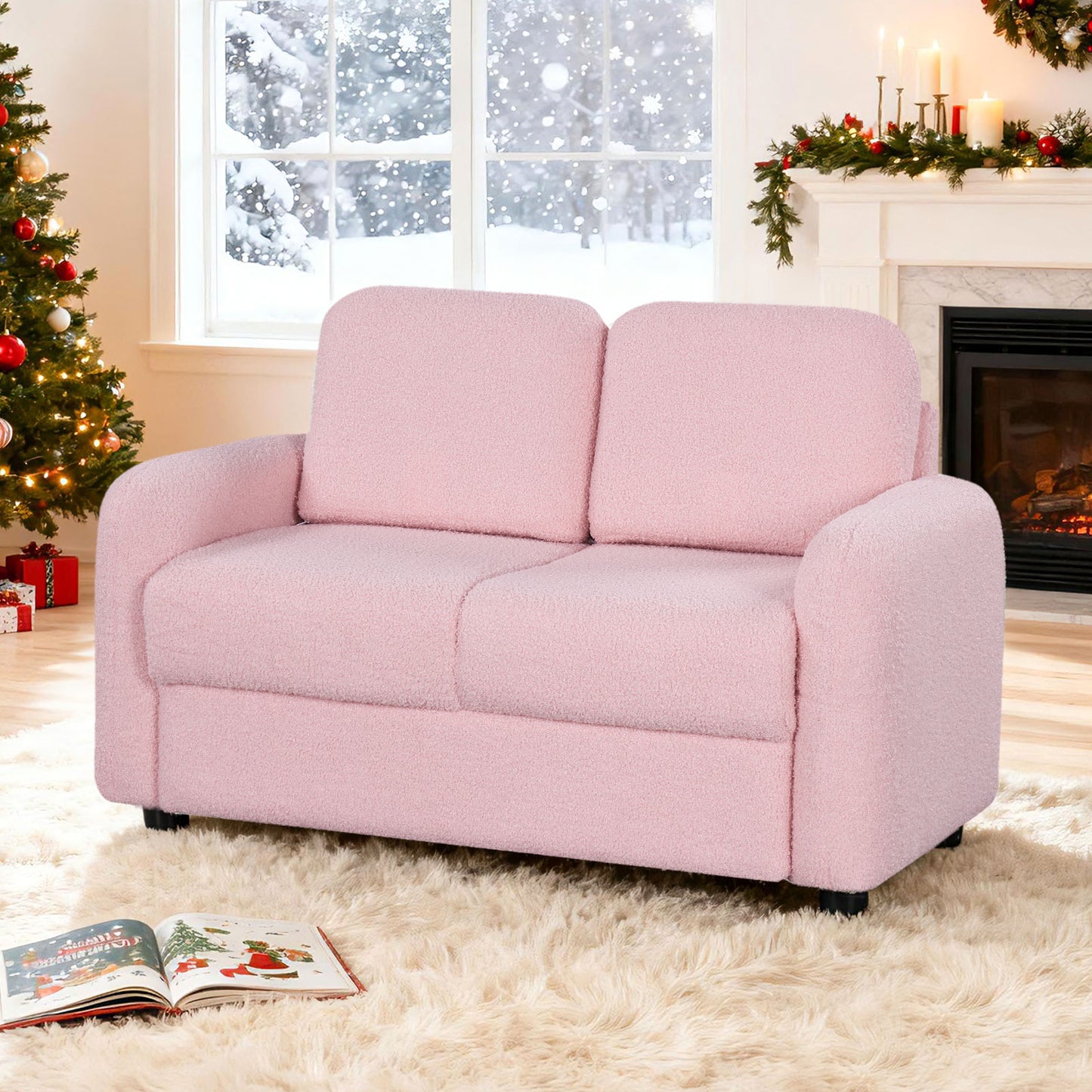 2-Seat Kids Sofa Toddler Sofa Couch with Soft Teddy Fleece Upholstery and Solid Wooden Frame-Pink