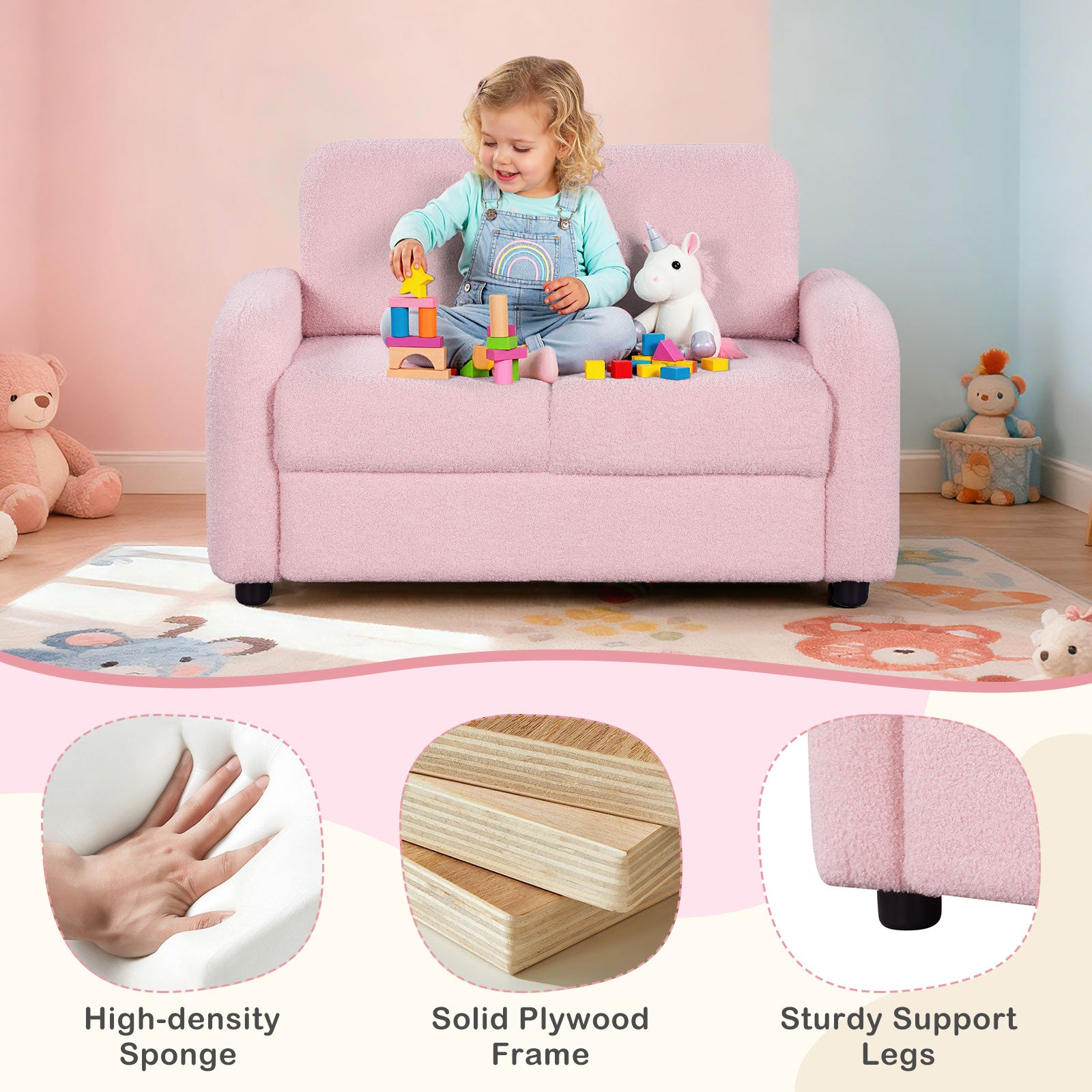 2-Seat Kids Sofa Toddler Sofa Couch with Soft Teddy Fleece Upholstery and Solid Wooden Frame-Pink