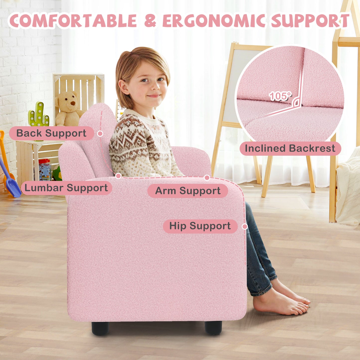 2-Seat Kids Sofa Toddler Sofa Couch with Soft Teddy Fleece Upholstery and Solid Wooden Frame-Pink