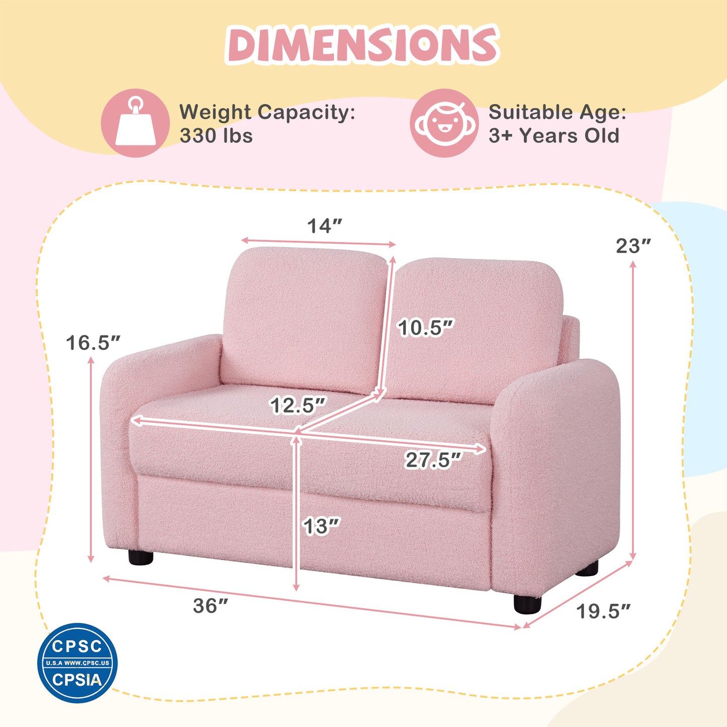 2-Seat Kids Sofa Toddler Sofa Couch with Soft Teddy Fleece Upholstery and Solid Wooden Frame-Pink