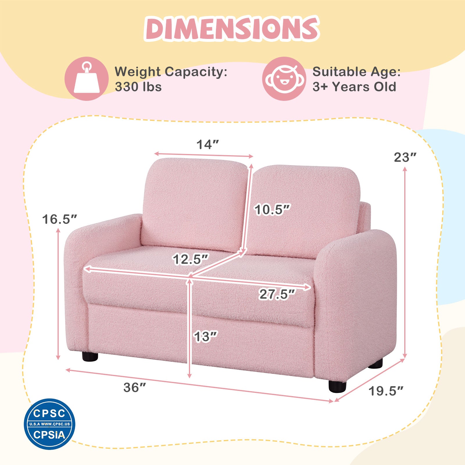 2-Seat Kids Sofa Toddler Sofa Couch with Soft Teddy Fleece Upholstery and Solid Wooden Frame-Pink