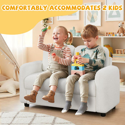 2-Seat Kids Sofa Toddler Sofa Couch with Soft Teddy Fleece Upholstery and Solid Wooden Frame-White