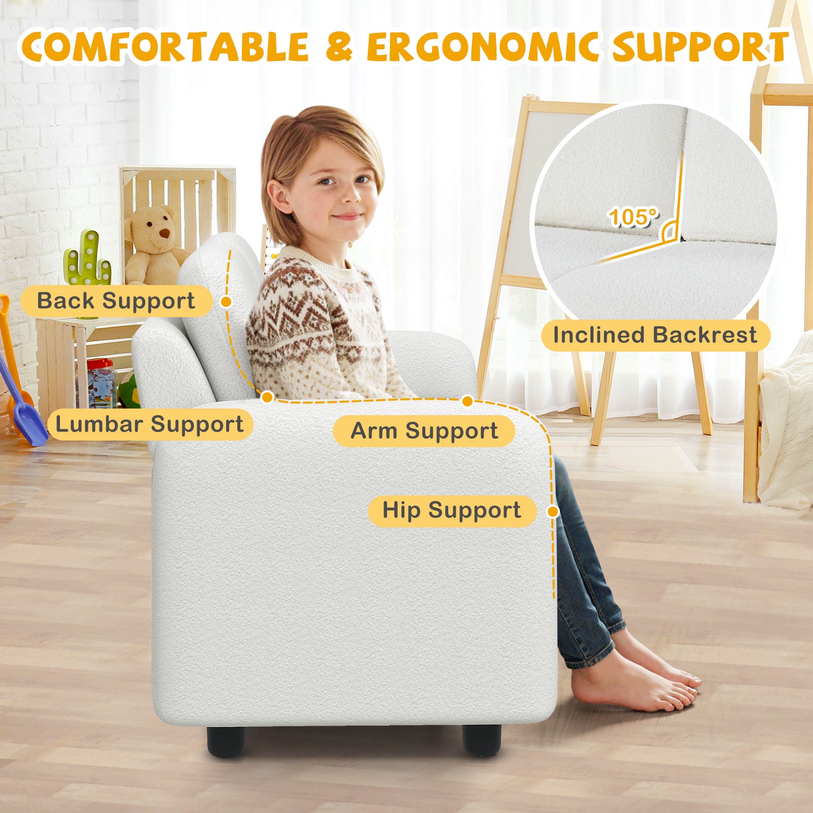 2-Seat Kids Sofa Toddler Sofa Couch with Soft Teddy Fleece Upholstery and Solid Wooden Frame-White