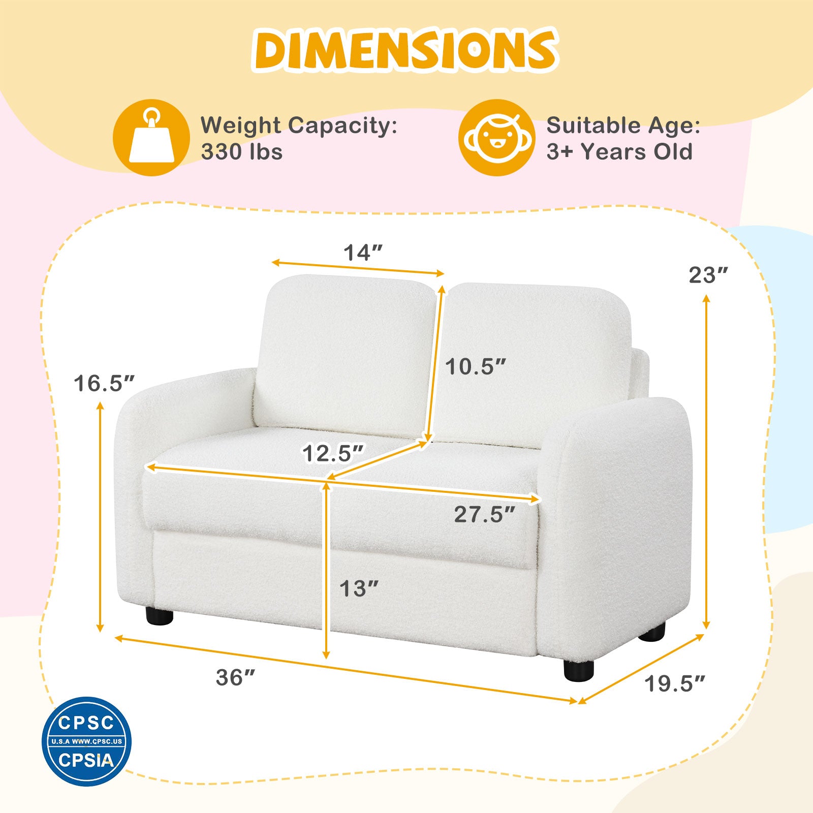 2-Seat Kids Sofa Toddler Sofa Couch with Soft Teddy Fleece Upholstery and Solid Wooden Frame-White