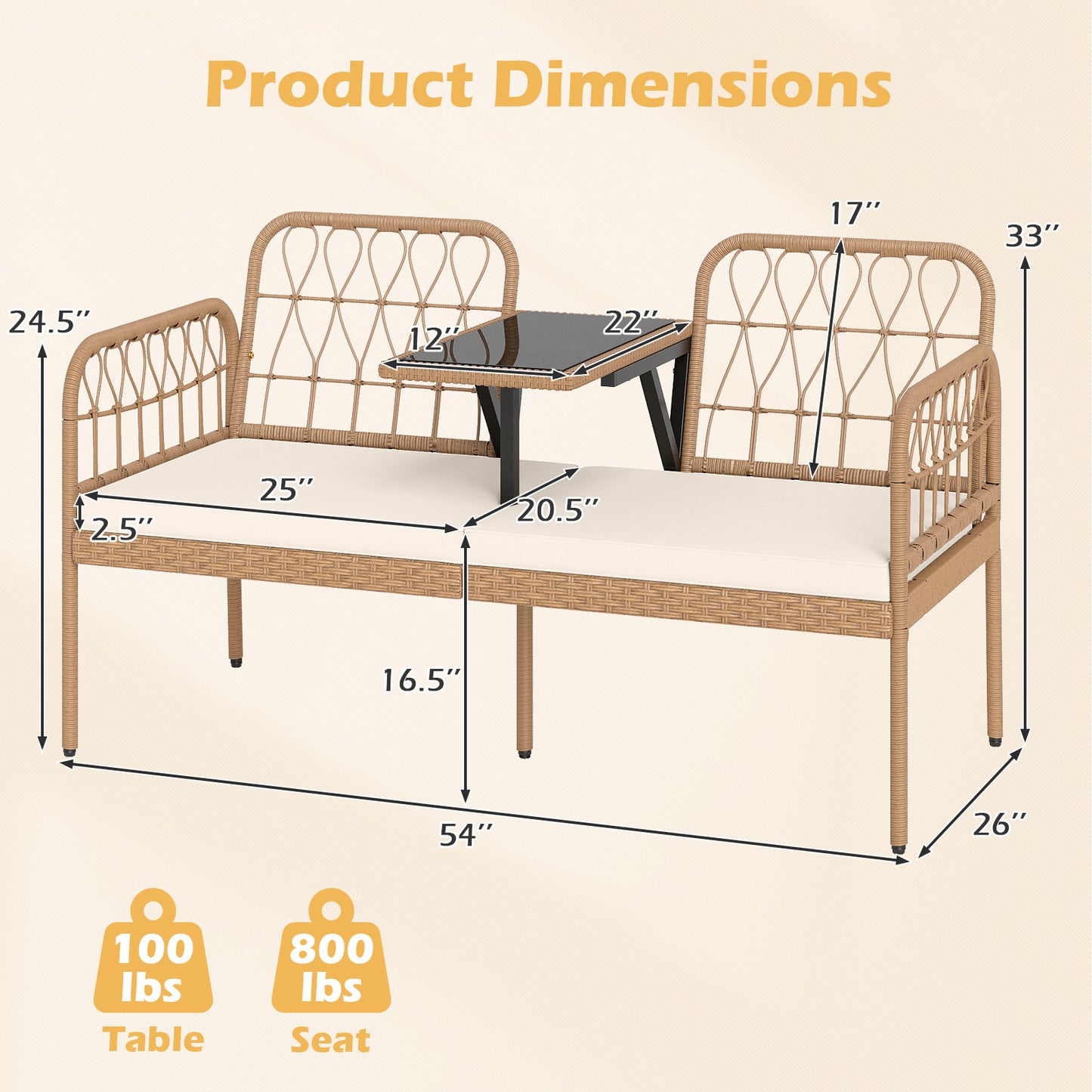 2-Seat PE Rattan Outdoor Loveseat with Built-in Coffee Table and Soft Cushions-White