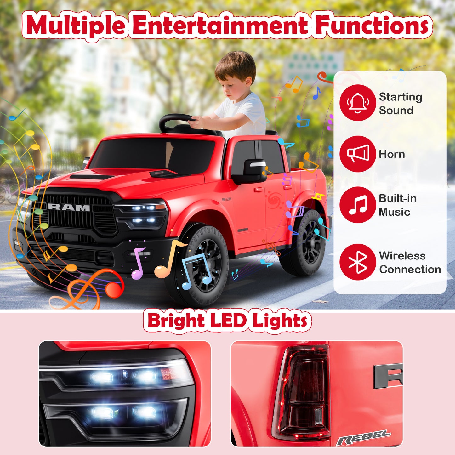 2 Seater 24V Ride on Toy for Big Kids Licensed Ram Truck with Remote and Music-Red