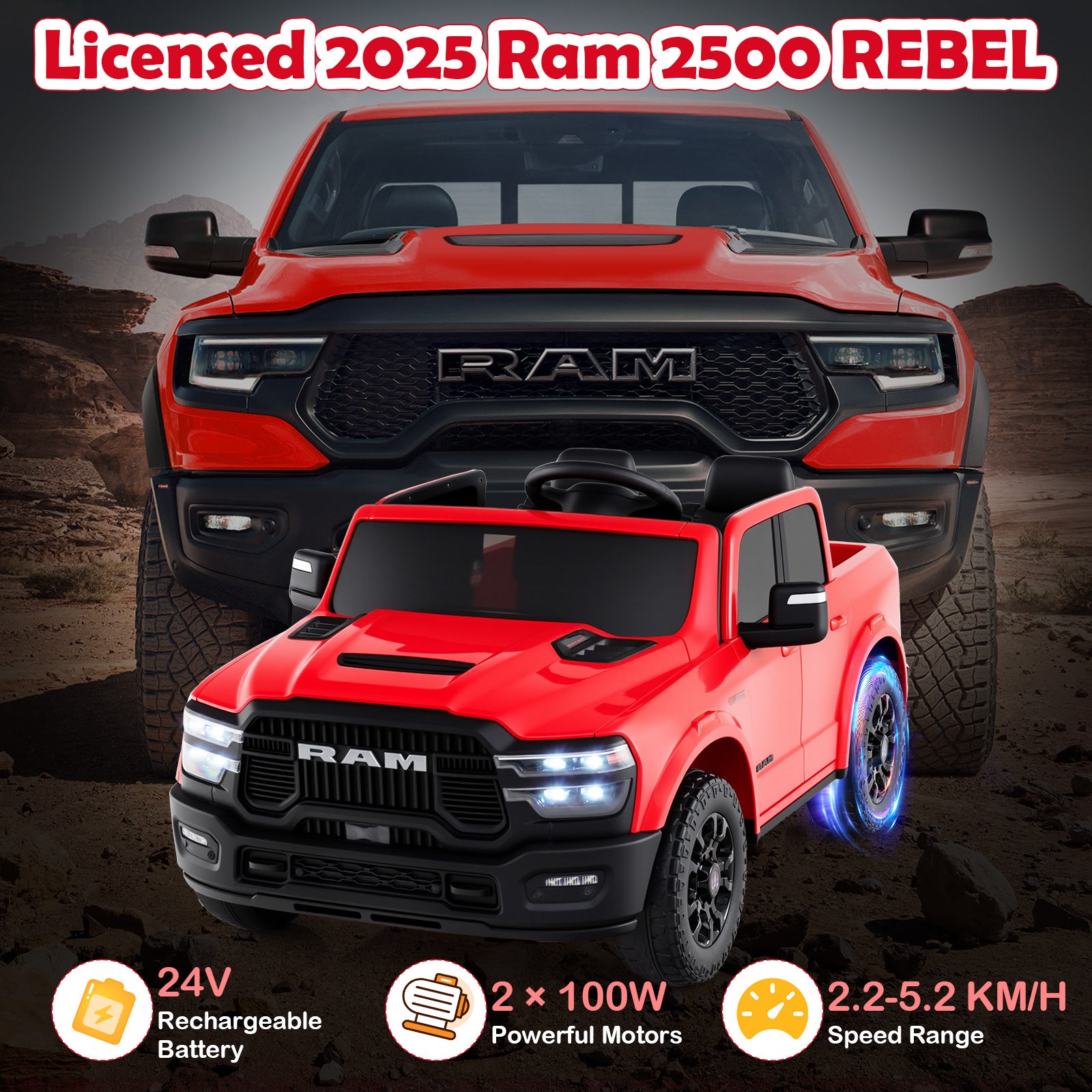 2 Seater 24V Ride on Toy for Big Kids Licensed Ram Truck with Remote and Music-Red