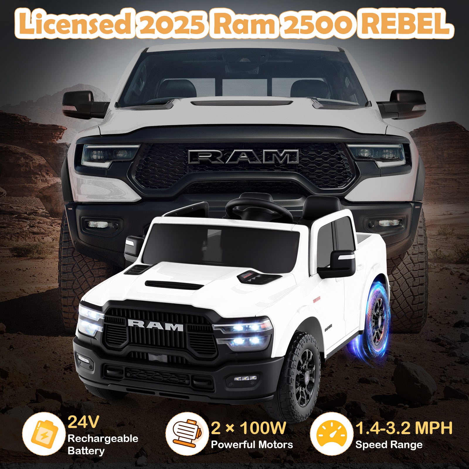 2 Seater 24V Ride on Toy for Big Kids Licensed Ram Truck with Remote and Music-White