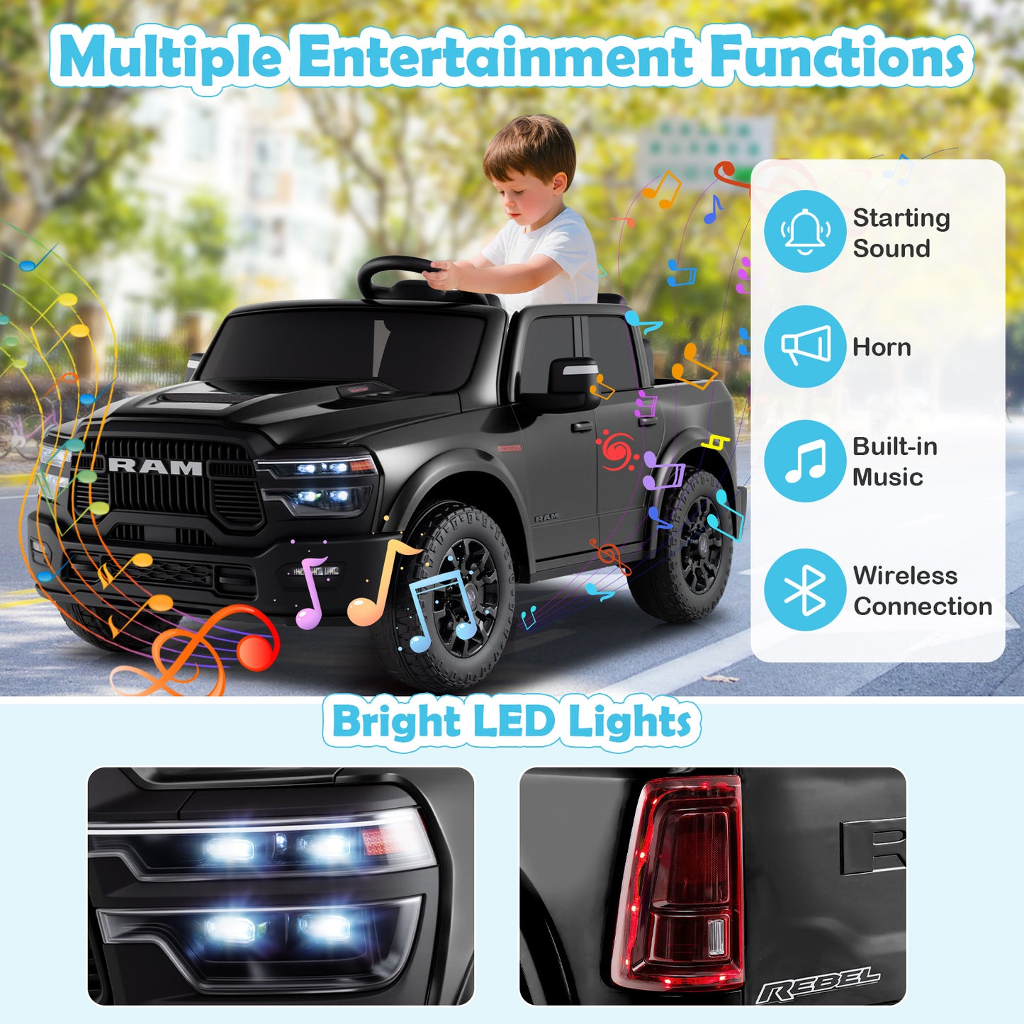 2 Seater 24V Ride on Toy for Big Kids Licensed Ram Truck with Remote and Music-Black