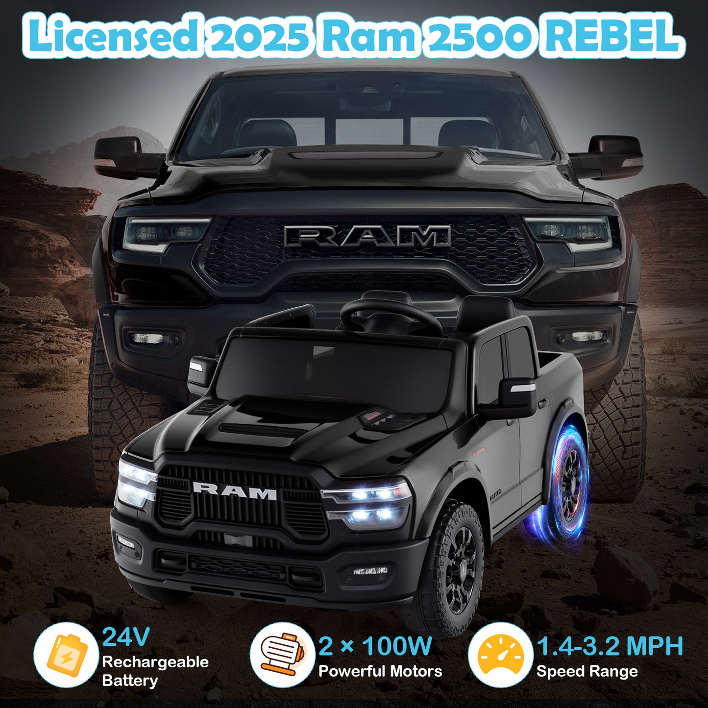 2 Seater 24V Ride on Toy for Big Kids Licensed Ram Truck with Remote and Music-Black
