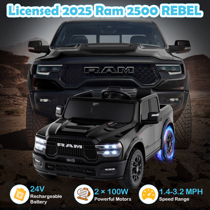 2 Seater 24V Ride on Toy for Big Kids Licensed Ram Truck with Remote and Music-Black