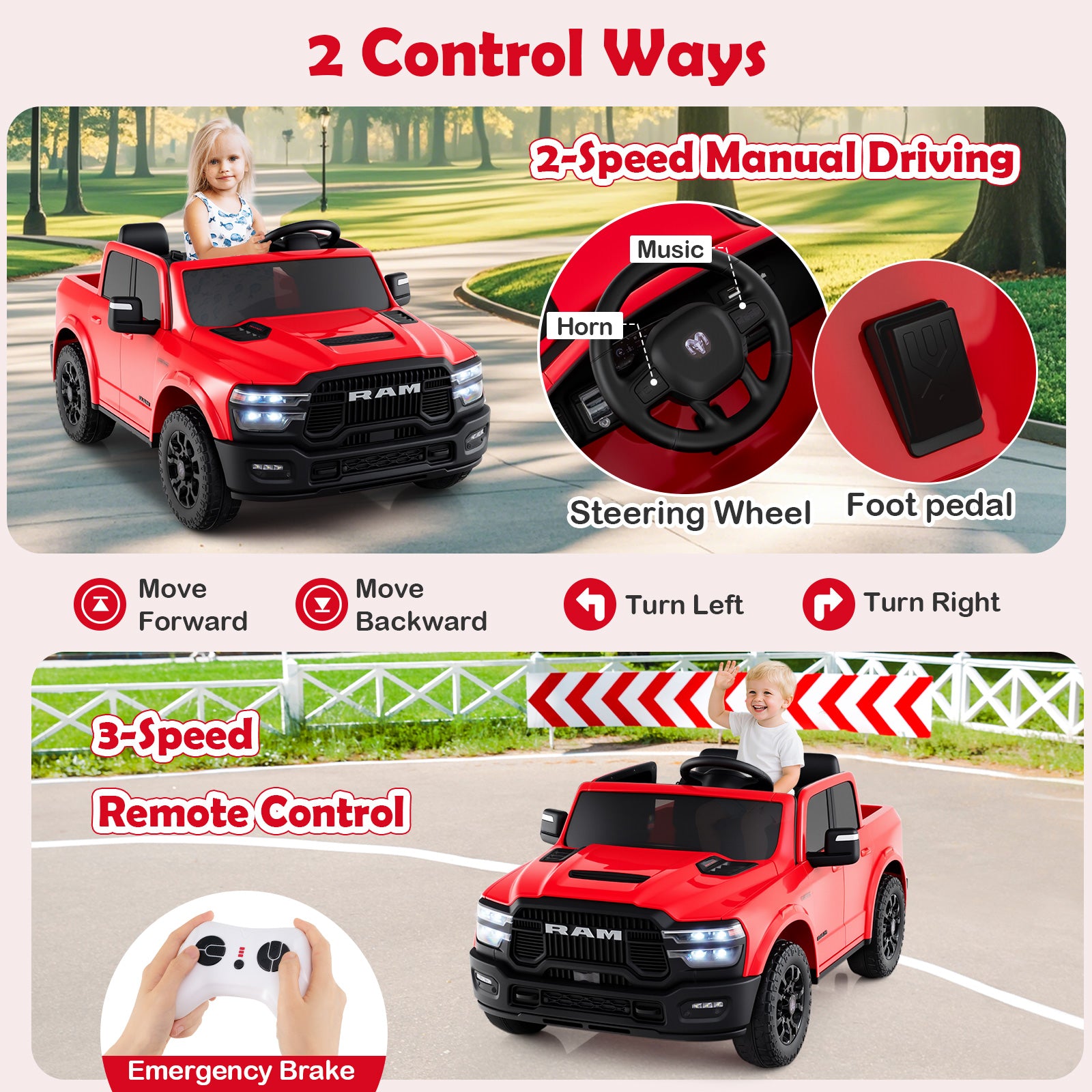 2 Seater 24V Ride on Toy for Big Kids Licensed Ram Truck with Remote and Music-Red