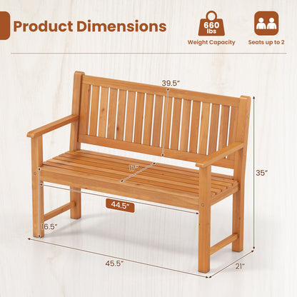 2-Seater Wooden Outdoor Bench with Backrest and Armrests