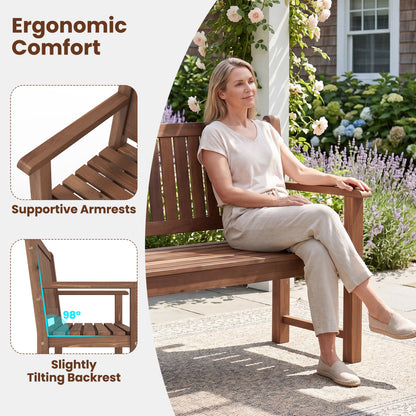 2-Seater Wooden Outdoor Bench with Backrest and Armrests