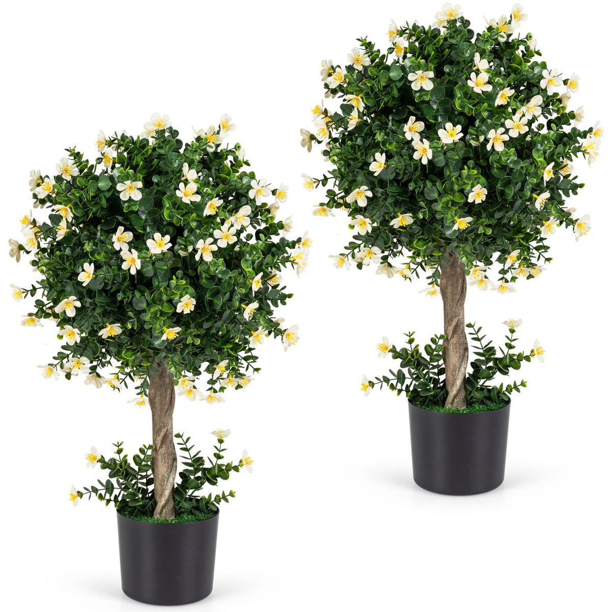 2-Set Artificial Topiary Trees 26 Inch Realistic Potted Plants with Blossoms-White