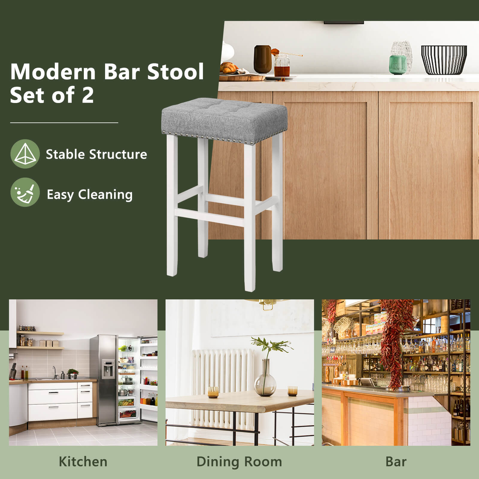 2 Pieces Counter Height Bar Stools with Sponge Padded Cushion-29 inches