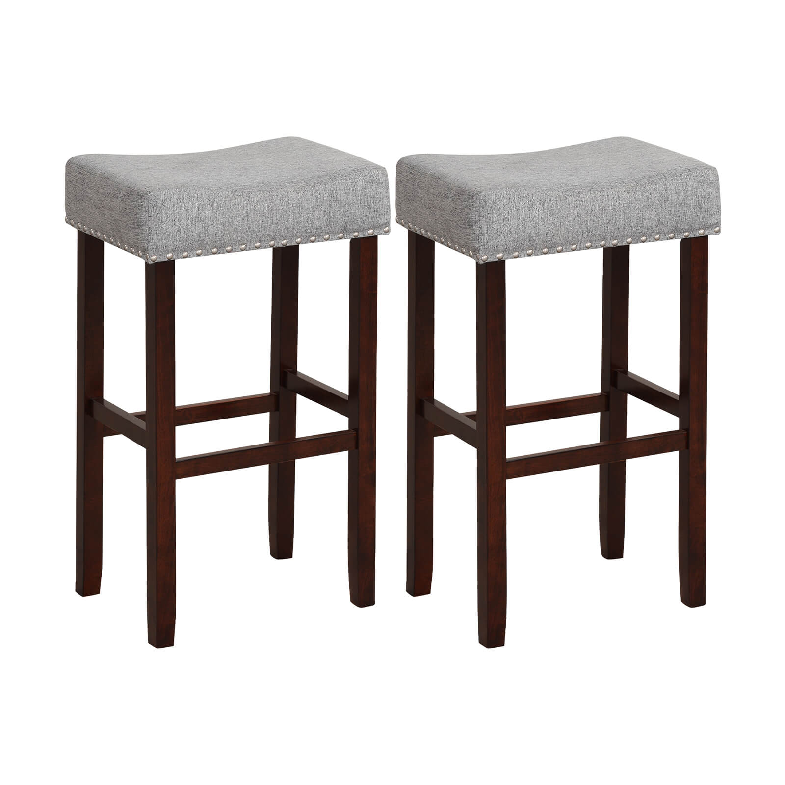 29 Inch Set of 2 Height Upholstered Bar Stool with Solid Rubber Wood Legs and Footrest-Gray - Gray