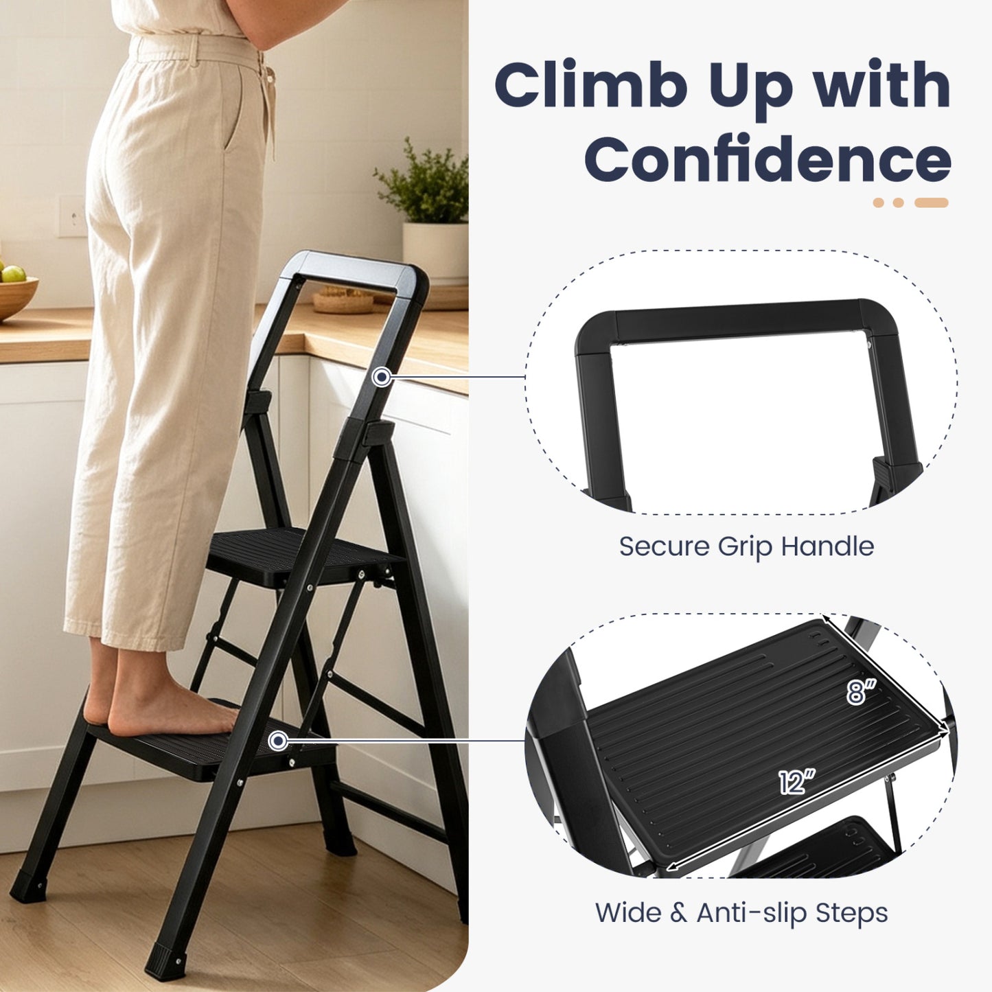 3-Step Folding Step Stool with Wide Anti-Slip Pedals