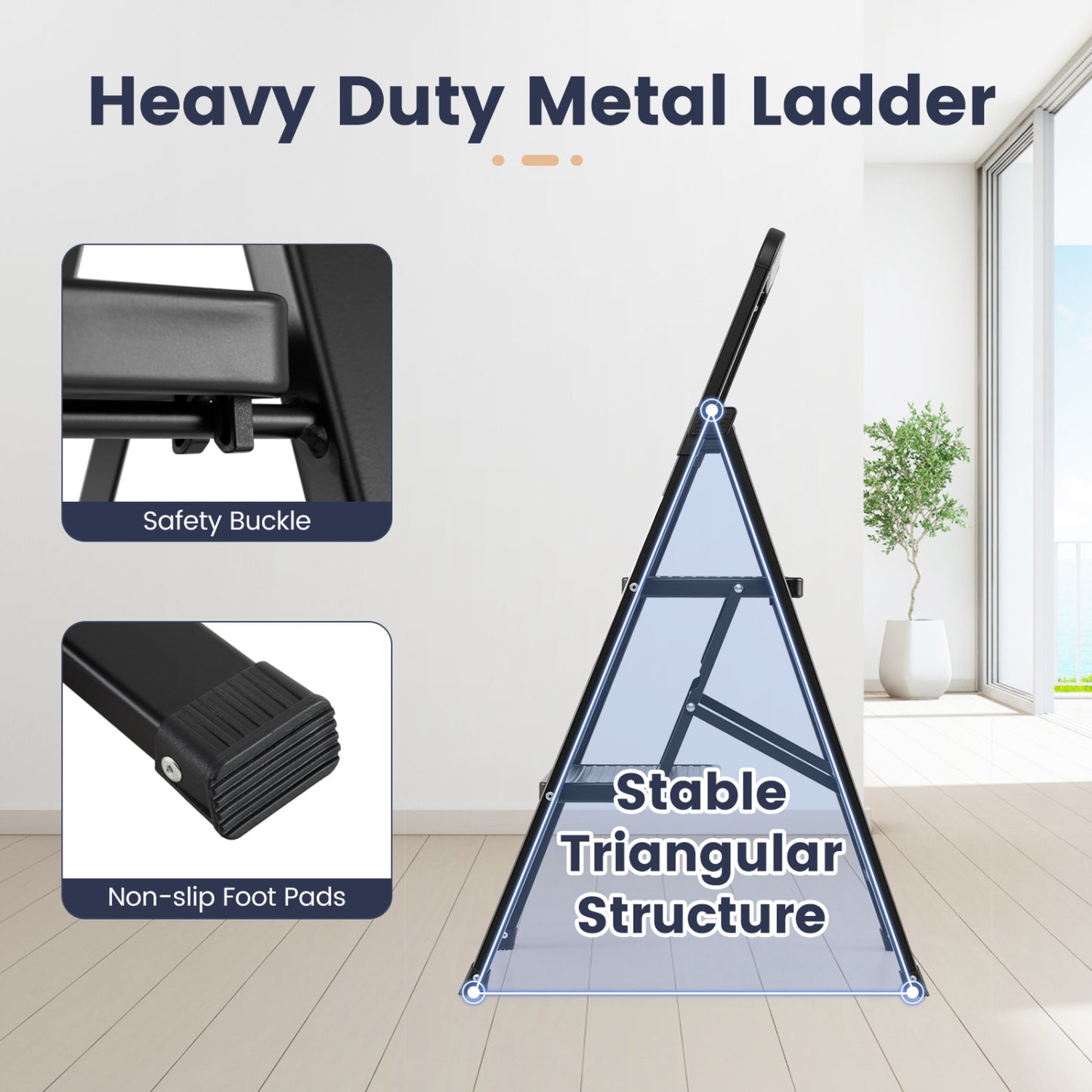 3-Step Folding Step Stool with Wide Anti-Slip Pedals
