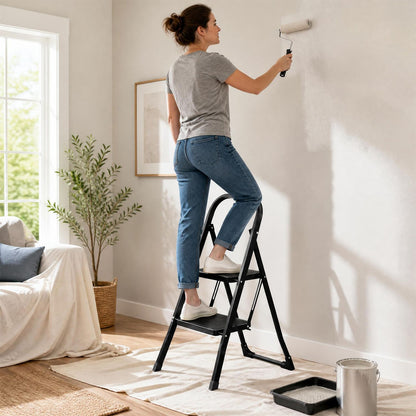 3 Step Ladder Folding Step Stool with Handrail and Wide Anti