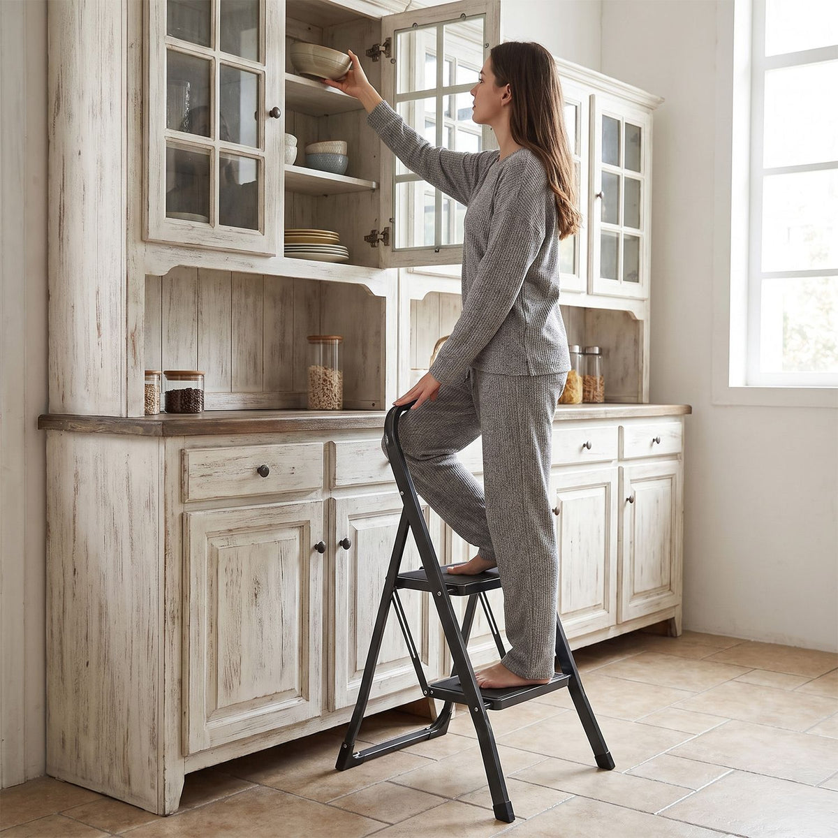 3 Step Ladder Folding Step Stool with Handrail and Wide Anti