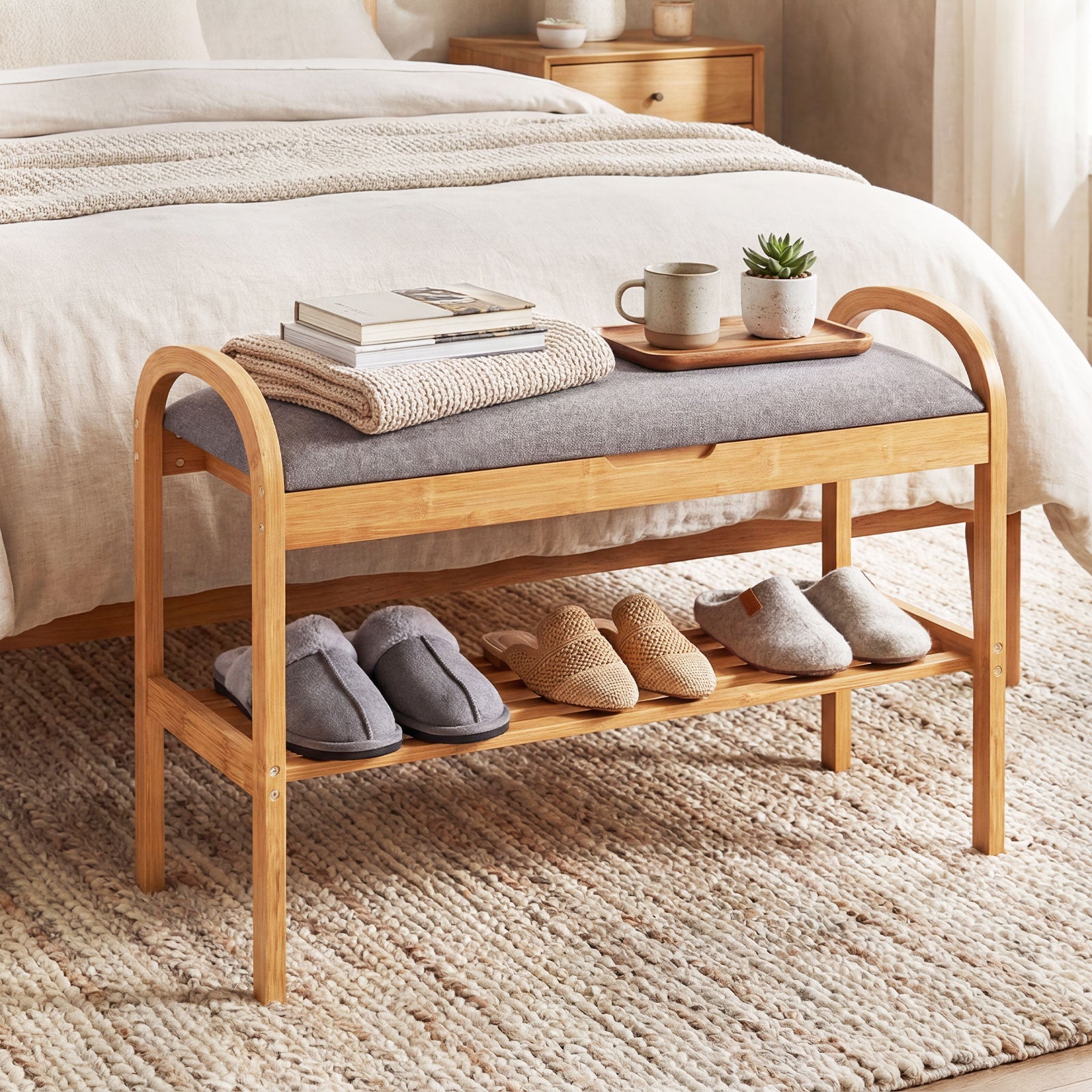 2-Tier Bamboo Shoe Bench with Storage and Padded Cushion-Gray