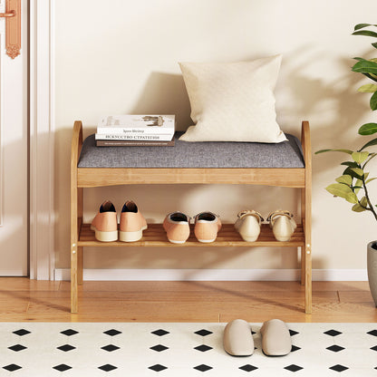 2-Tier Bamboo Shoe Bench with Padded Cushion and Shelf-Gray