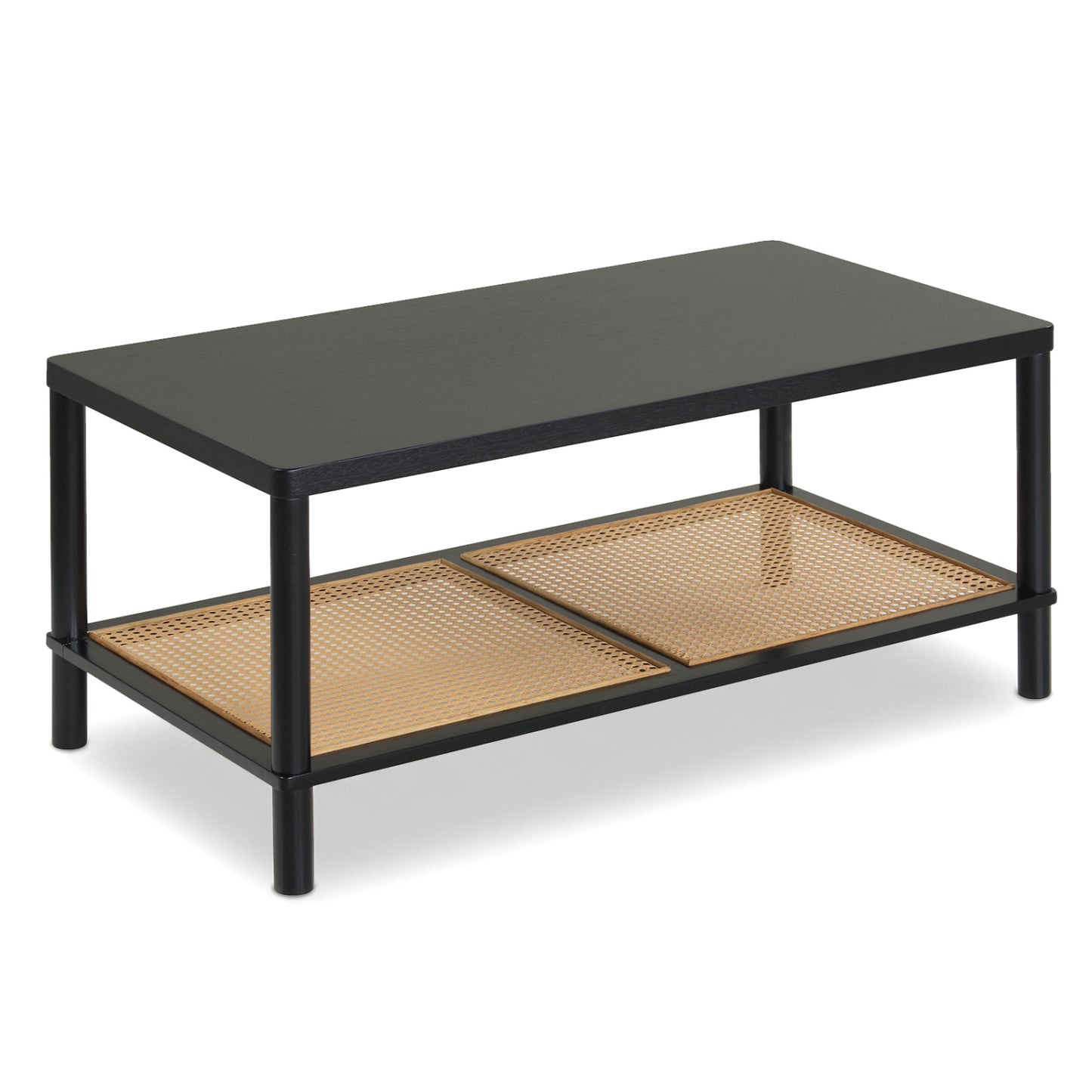 2-Tier Boho Coffee Table with Rattan Storage Shelf