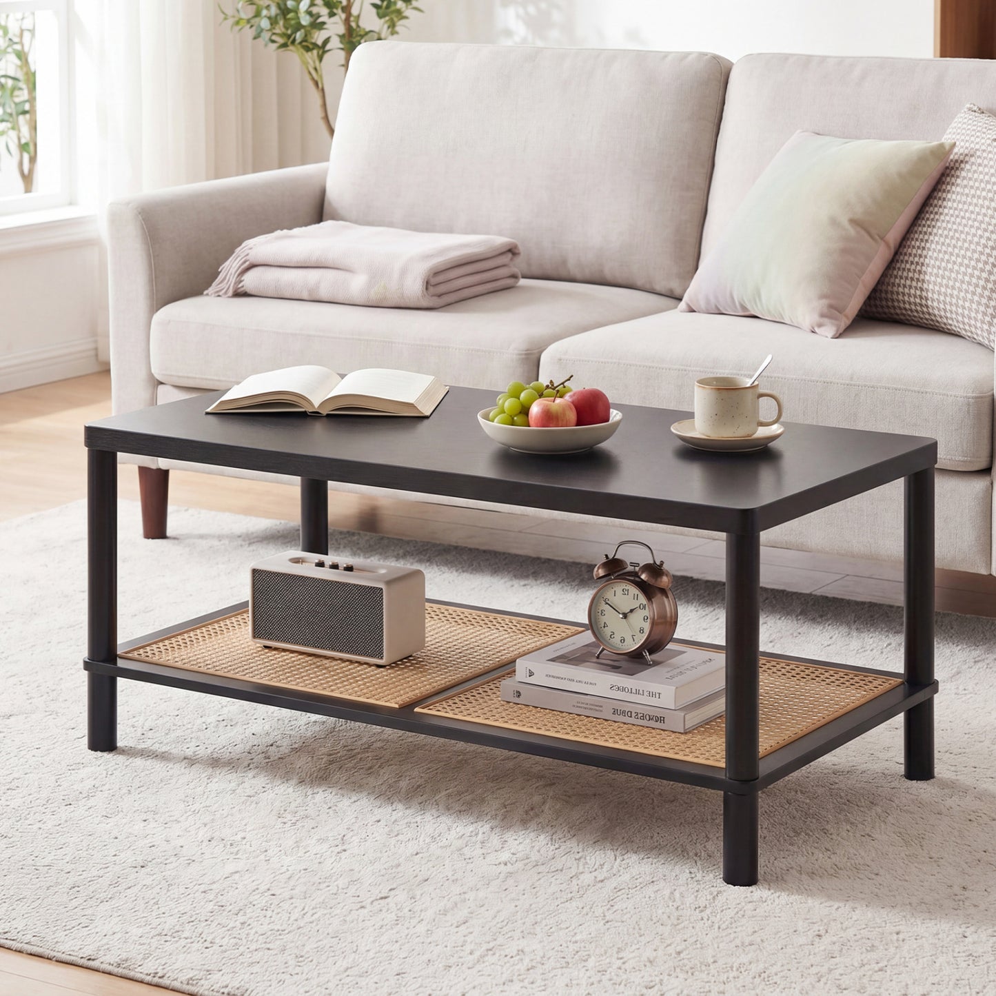 2-Tier Boho Coffee Table with Rattan Storage Shelf