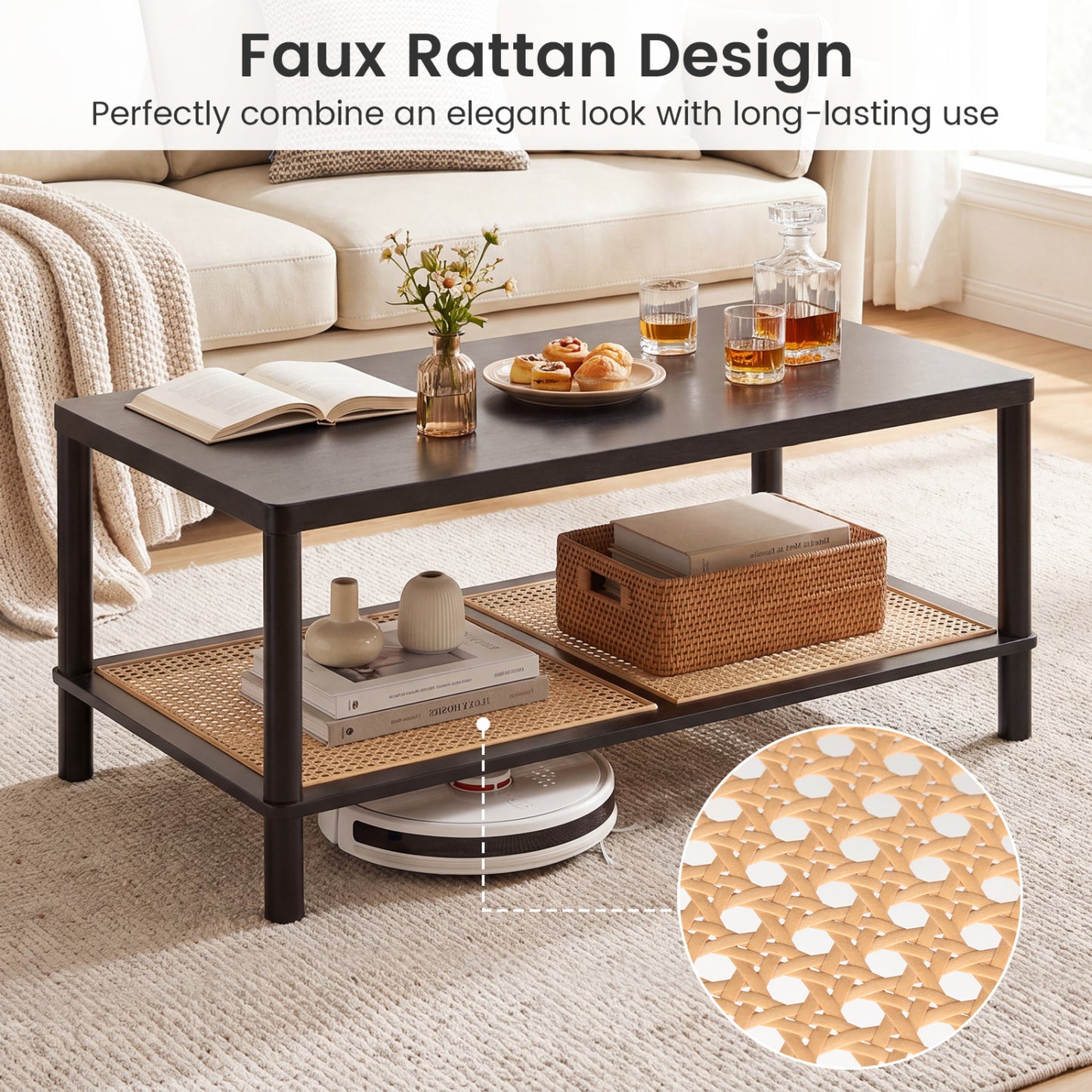 2-Tier Boho Coffee Table with Rattan Storage Shelf