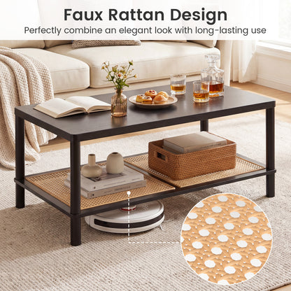 2-Tier Boho Coffee Table with Rattan Storage Shelf