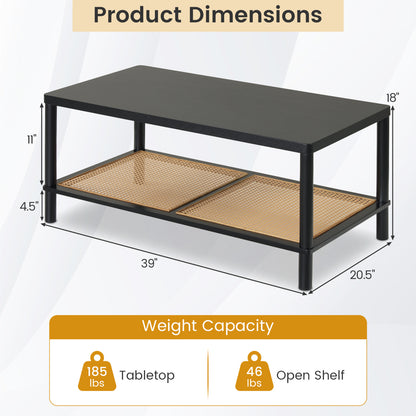 2-Tier Boho Coffee Table with Rattan Storage Shelf