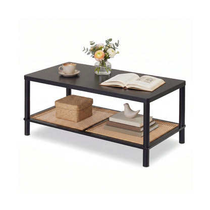 2-Tier Boho Coffee Table with Rattan Storage Shelf