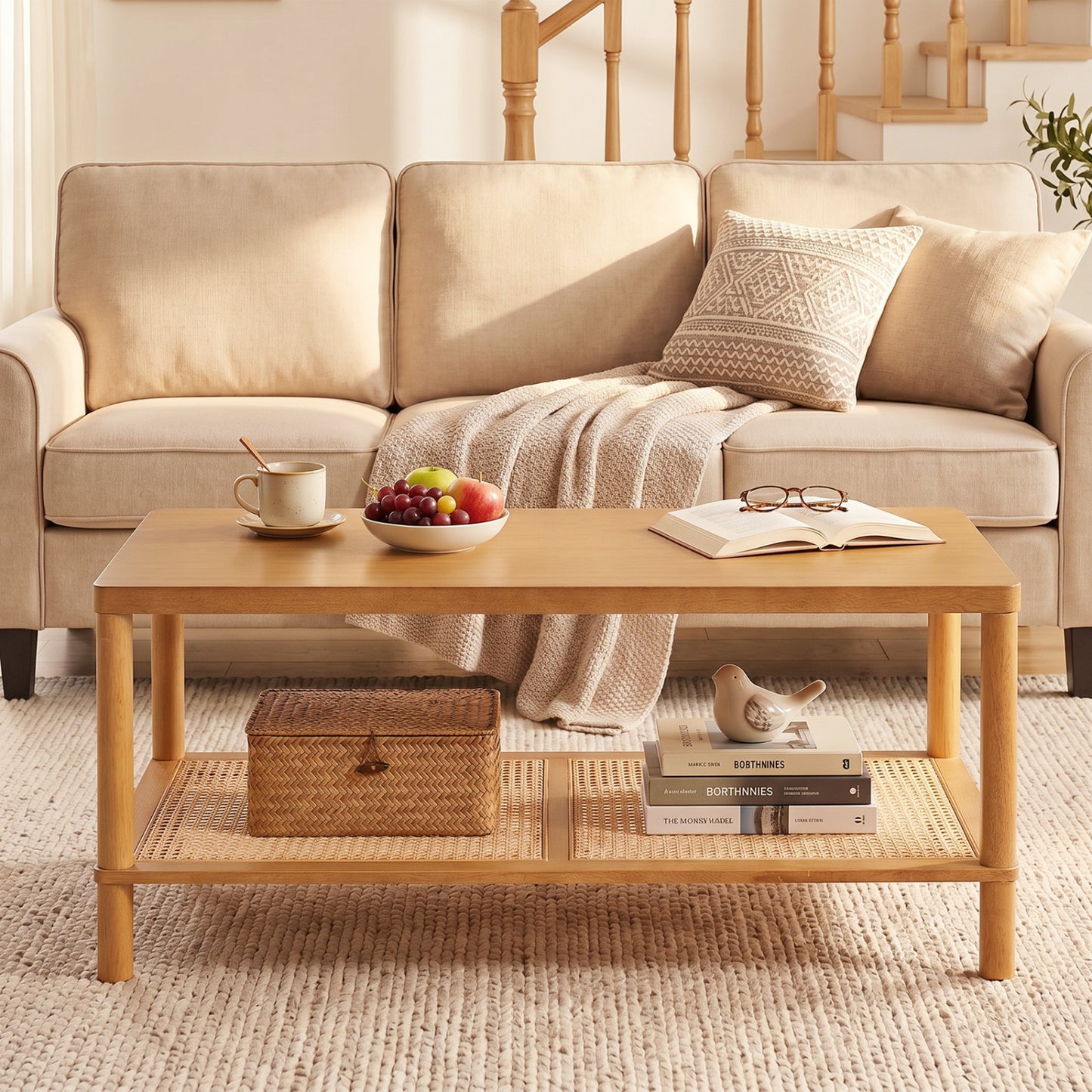 2-Tier Boho Coffee Table with Rattan Storage Shelf