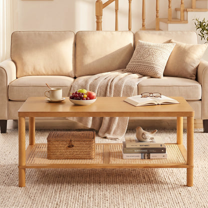2-Tier Boho Coffee Table with Rattan Storage Shelf