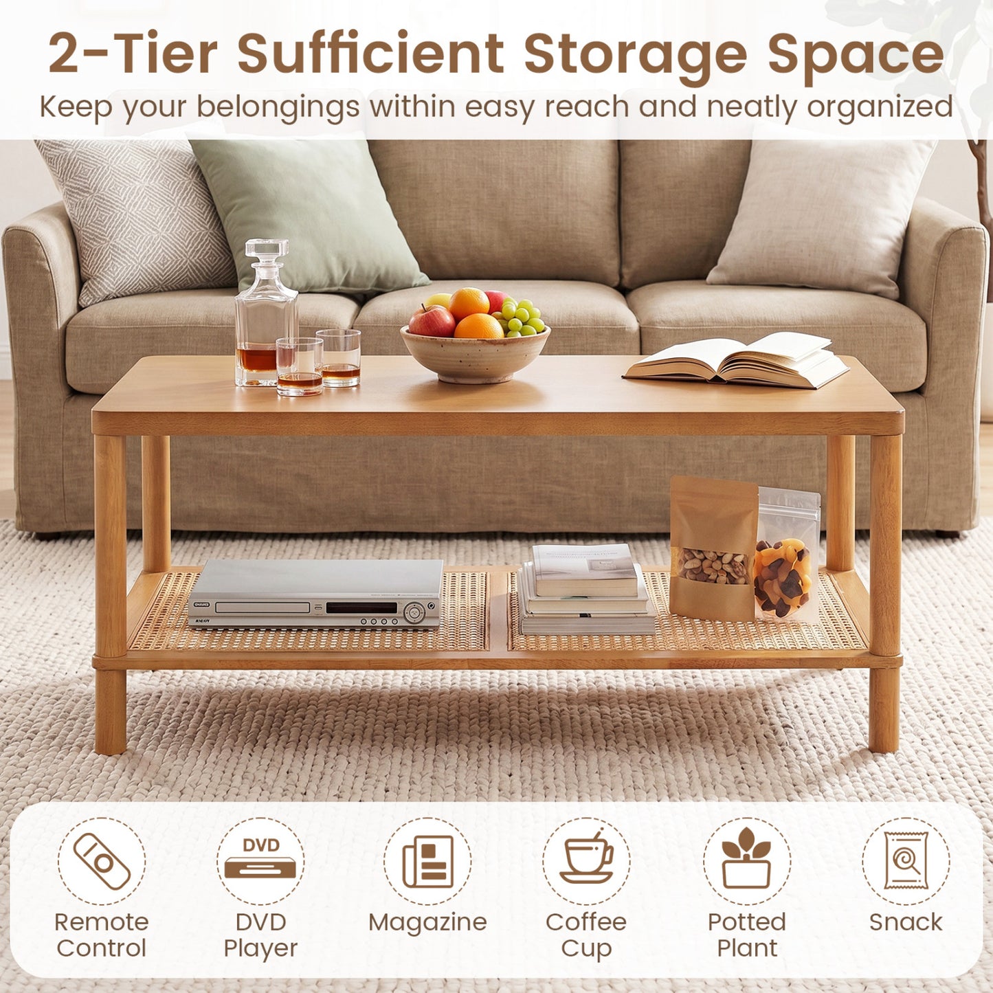 2-Tier Boho Coffee Table with Rattan Storage Shelf
