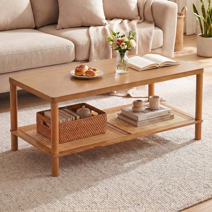 2-Tier Boho Coffee Table with Rattan Storage Shelf