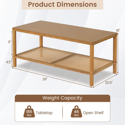 2-Tier Boho Coffee Table with Rattan Storage Shelf