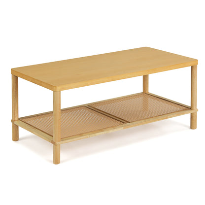 2-Tier Boho Coffee Table with Rattan Storage Shelf