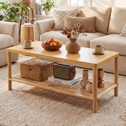2-Tier Boho Coffee Table with Rattan Storage Shelf