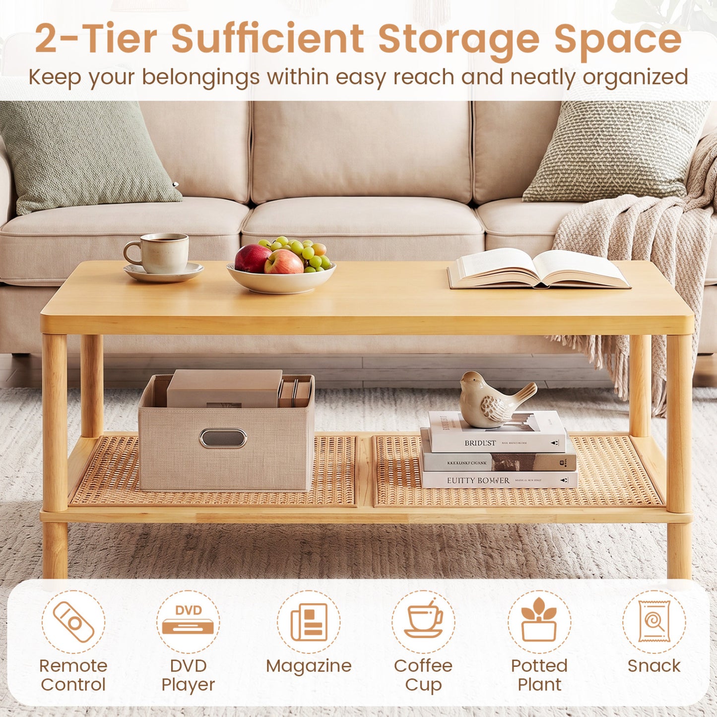 2-Tier Boho Coffee Table with Rattan Storage Shelf