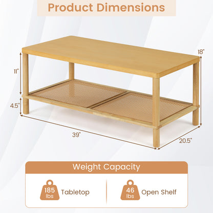 2-Tier Boho Coffee Table with Rattan Storage Shelf